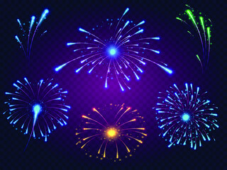 Fireworks set. Bright fireworks of different colors orange, nude and green flashes of light, explosions. Elements for celebration. Vector illustration