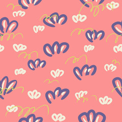 Seamless pattern with decorative carved ornament and stylized pink and white flowers on a purple background.