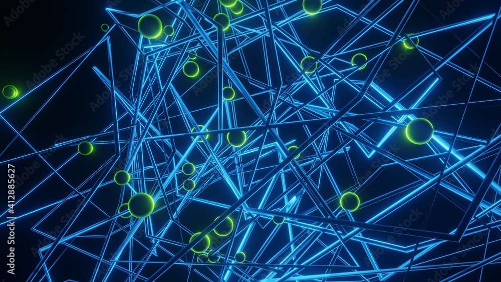 Poster modern abstract background of blue green particles. chaotic. 3d rendering