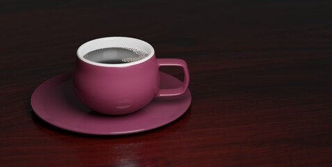 Obraz premium delicious americano coffee in a pink cup on a wooden table dark background