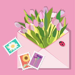 pink envelope with stamps, 
ladybug and tulips valentine card