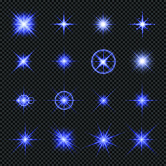 Collection of glowing lights in blue. Bright stars, flashes of light, isolated on a transparent background. Vector illustration