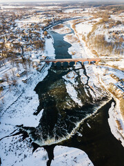 Venta Rapid waterfall, the widest waterfall in Europe and long brick bridge, Kuldiga, Latvia....
