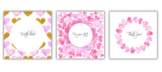 Watercolor illustration. Set of frames with pink and gold hearts. Frames for text, congratulations to the holiday