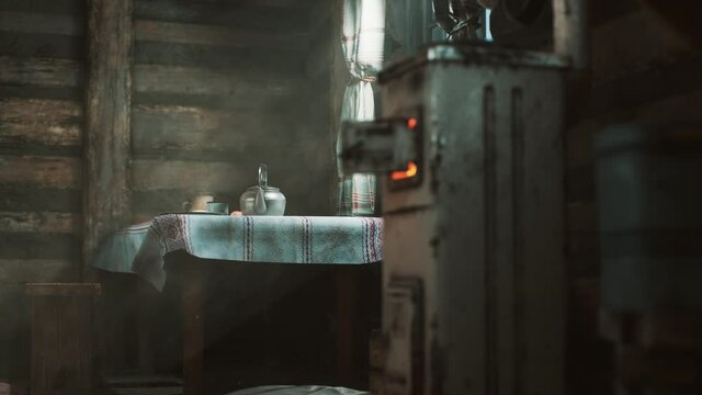 dark interior of retro log house