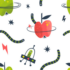 Cosmic veggie Worm alien Apple planet Fruity space seamless vector pattern. Extraterrestrial fictional childish background for textile apparel design print