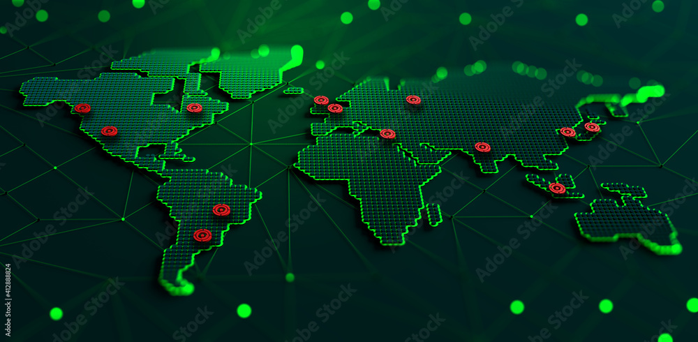 Fototapete Planet map and cyberspace. Technological innovation. Map of continents with points of largest agglomerations. 3d illustration with shallow depth of field