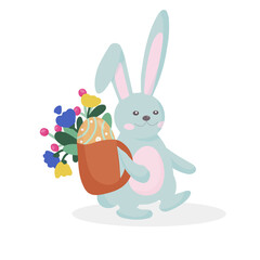 Obraz premium Easter greeting card with a rabbit. Cute bunny carries in his backpack a gift box with a colored egg and a bouquet of flowers. Holiday symbols. Vector illustration