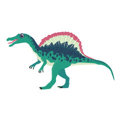 Spinosaurus emerald, prehistoric dinosaurs collection. Ancient animals. Hand drawn. In a frame of flowers and leaves.