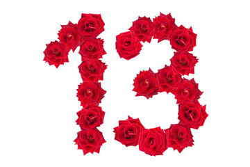 Numeral 13 made of red roses on a white isolated background. Element for decoration. Red roses.