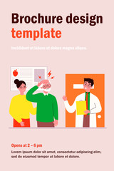 Senior man going to doctor because of migraine. Physician consulting patient in pain flat vector illustration. Depression and headache concept for banner, website design or landing web page