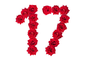 Numeral 17 made of red roses on a white isolated background. Element for decoration. seventeen. Red roses.