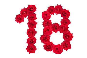 Numeral 18 made of red roses on a white isolated background. Element for decoration. eighteen. Red roses.