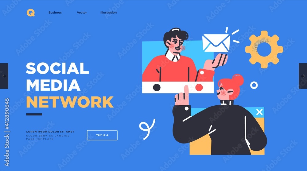 Aufkleber landing page template of social media marketing. modern flat design concept of web page design for w