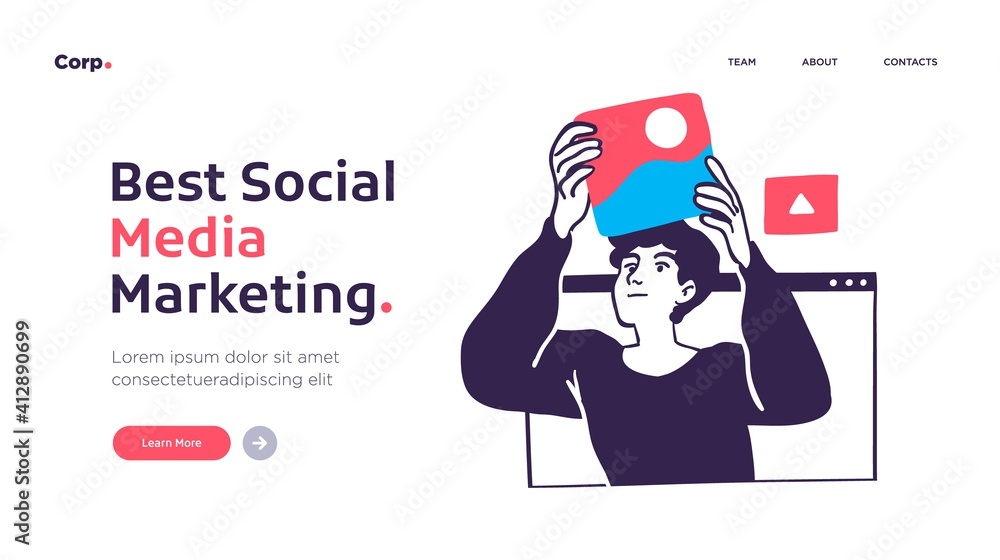 Aufkleber landing page template of social media marketing. modern flat design concept of web page design for w