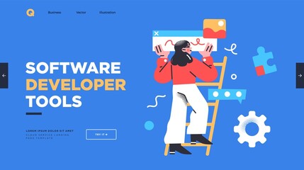 Landing page template of developing computer software, coding and programming . Modern flat design concept of web page design for website. Vector