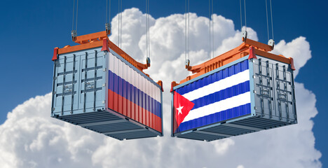 Freight containers with Russia and Cuba flag. 3D Rendering 