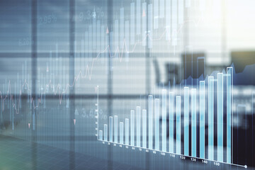 Multi exposure of abstract virtual financial graph hologram on a modern conference room background, forex and investment concept