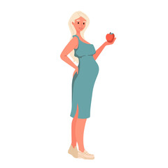 Young fit pregnant woman in elegant dress eating an apple. Future mother expecting baby. Motherhood. New born. Diet, healthy food, health care, weight control. Full length, flat style