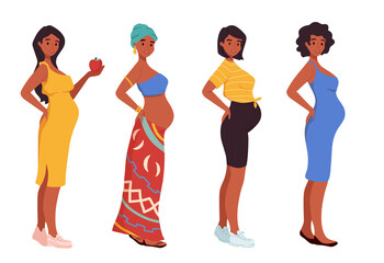 Set of different african american pregnant women in dress, sportswear, underwear, ethnic clothes. Future mother expecting baby. Motherhood. New born. Mother's Day. Women's Day.