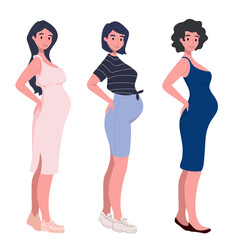 Set of different caucasian pregnant women in dress, sportswear. Future mother expecting baby. Motherhood. New born. Mother's Day. Women's Day.