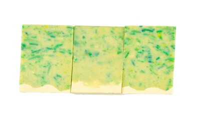 Fragrant organic multi-colored soap on a white background.