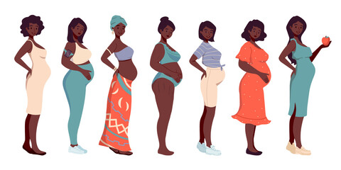 Set of different african american pregnant women in dress, sportswear, underwear, ethnic clothes. Future mother expecting baby. Motherhood. New born. Mother's Day. Women's Day.