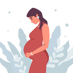Happy Pregnant woman wearing elegant dress holding her belly. Future mother expecting baby. Motherhood. New born. Mother's Day. Women's Day. Floral, leaves background. Flat vector illustration.
