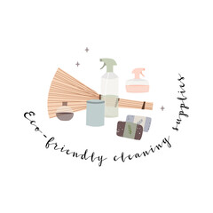 Natural household cleaners: soda, vinegar, lemon, mustard powder, salt, laundry soap. Eco friendly detergents, chemical free. Zero waste lifestyle. Green home concept. Vector flat cartoon illustration