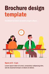 Smiling call center operators in office flat vector illustration. Cartoon characters with headsets and laptops supporting customers. Company support service and hotline concept