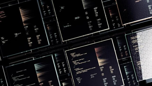 Millions of flying panels with changing digital information on black background, seamless loop. Animation. Concept of business and market. 