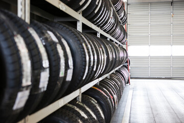 Long row of new tires on a rack in an auto repair shop
