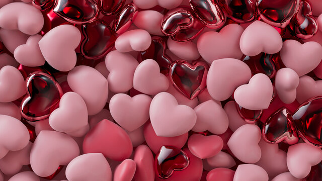 Multicolored Heart background. Valentine Wallpaper with Pink, Red Glass and Red Metallic love hearts. 3D Render 