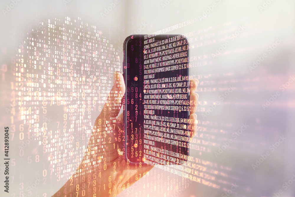 Poster double exposure of creative code skull hologram and hand with cell phone on background. malware and 