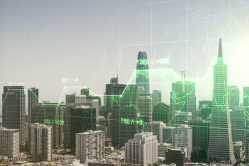 Multi exposure of stats data illustration on San Francisco city skyline background, computing and analytics concept