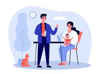 New dad helping mom to feed baby from bottle. Parents taking care about infant at home. Flat vector illustration. Child care, parenthood concept for banner, website design or landing web page