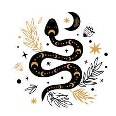 Floral snake vector. Mystic selestial serpent wildflowers, leaves, moon. Halloween boho element.