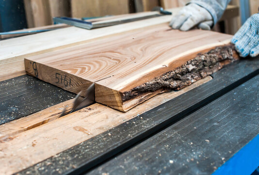 sawing a board on a stationary circular saw in a carpentry workshop. close-up