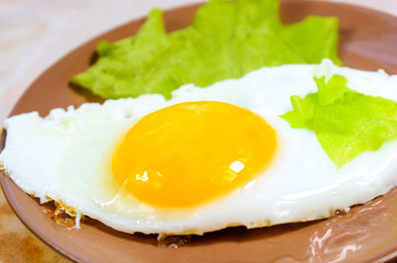 Homemade fried eggs on a plate with herbs.
