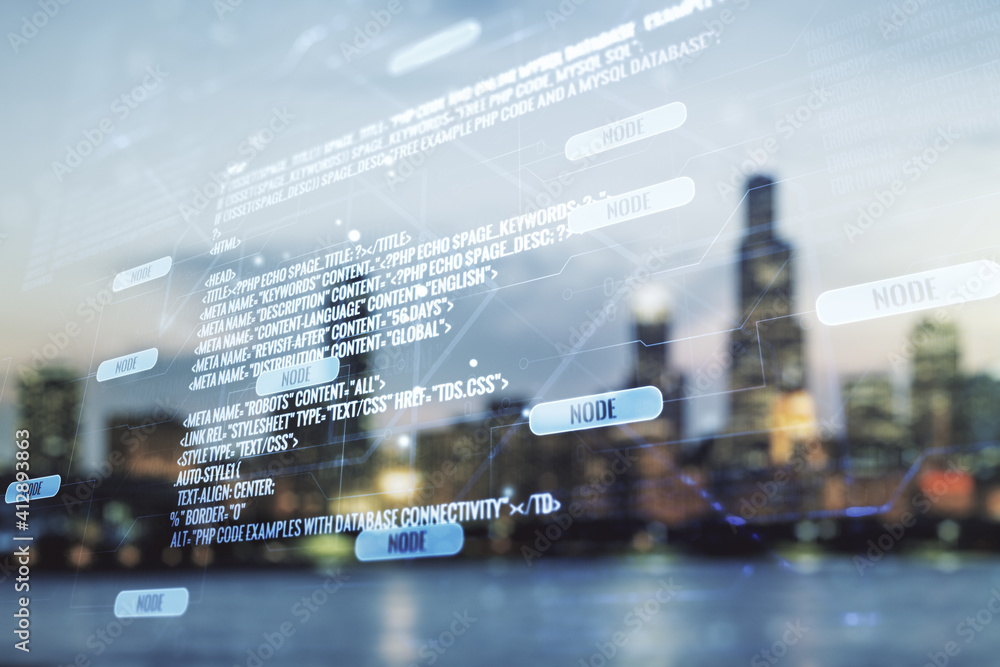 Poster abstract virtual coding illustration on blurry skyscrapers background, software development concept.