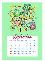 Calendar 2022. Cute calendar with funny cartoon owls