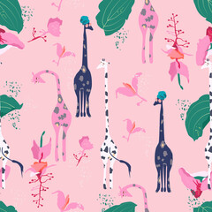 Medinilla and African giraffes family seamless pattern.Showy tropical florets with big leaves.Savannah,wild animals imitate people.Large panicles.Juicy summer print.Hand drawn trendy vector.