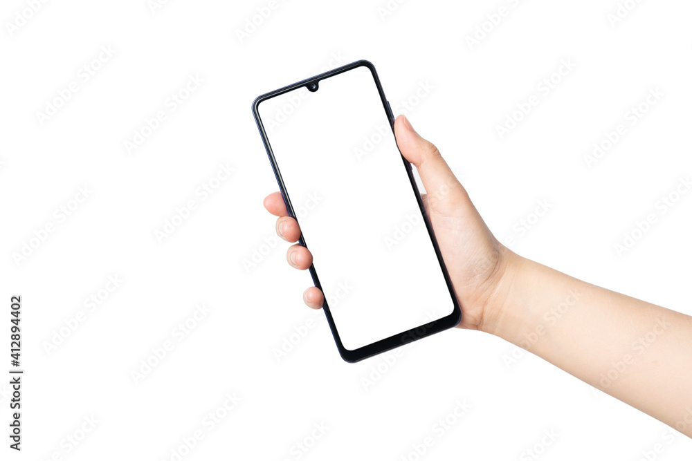 Wall mural close up of female hands holding mobile smart phone with white blank screen isolated on white backgr