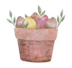 Easter eggs. Watercolor illustration of eggs in a basket.