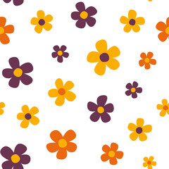 Seamless pattern with repeating colorful flowers on a white background. 
