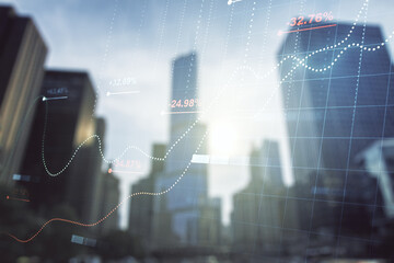 Double exposure of abstract creative statistics data hologram on blurry cityscape background, analytics and forecasting concept