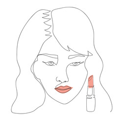 Woman beauty salon logo and lipstick, line art hand drawn sketch, vector illustration isolated on white