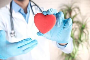  doctor hand in latex gloves holding red heart close up 