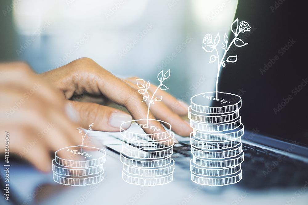 Poster creative abstract cash savings sketch and hands typing on computer keyboard on background, success a