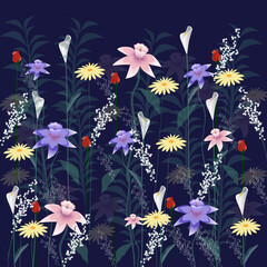 Fototapeta na wymiar Flowers isolated on blue background. Flowers modern design for t-shirt, print material, cloth and textile. Useful for invite and wedding card, wallpaper and greeting card. Flowers vector illustration